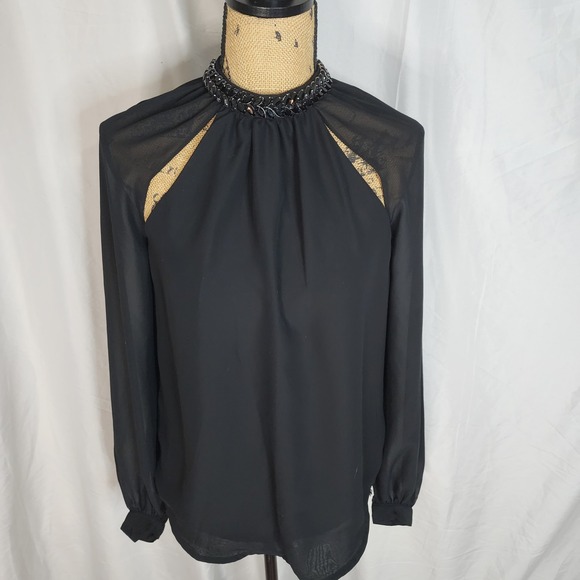 JESSICA SIMPSON Size Small Sheer Black Chiffon Rhinestone Collar Open Sleeve Top - Picture 8 of 16